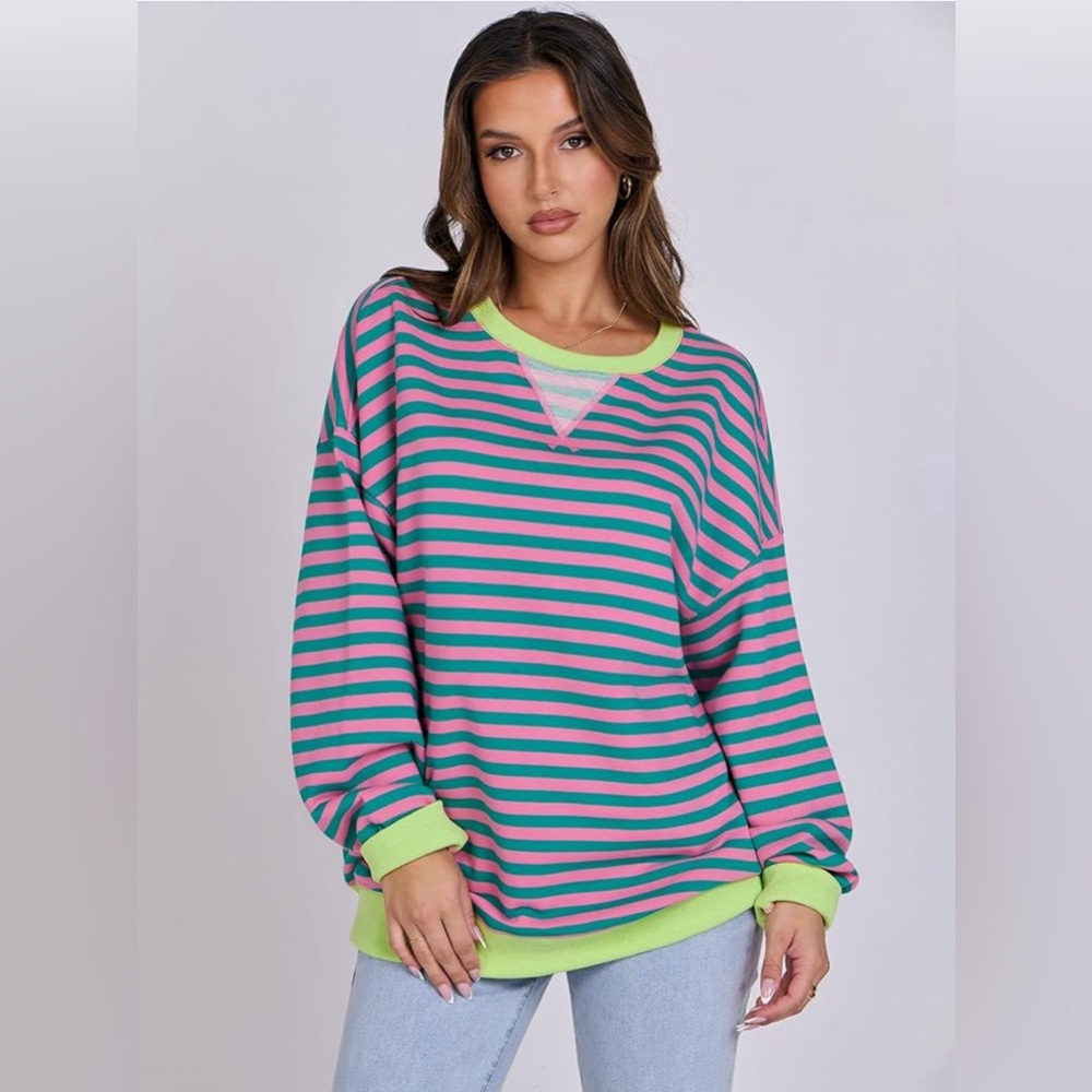 🎀 Host Pick 🎀 Oversized Stripe Crewneck Pink/Green